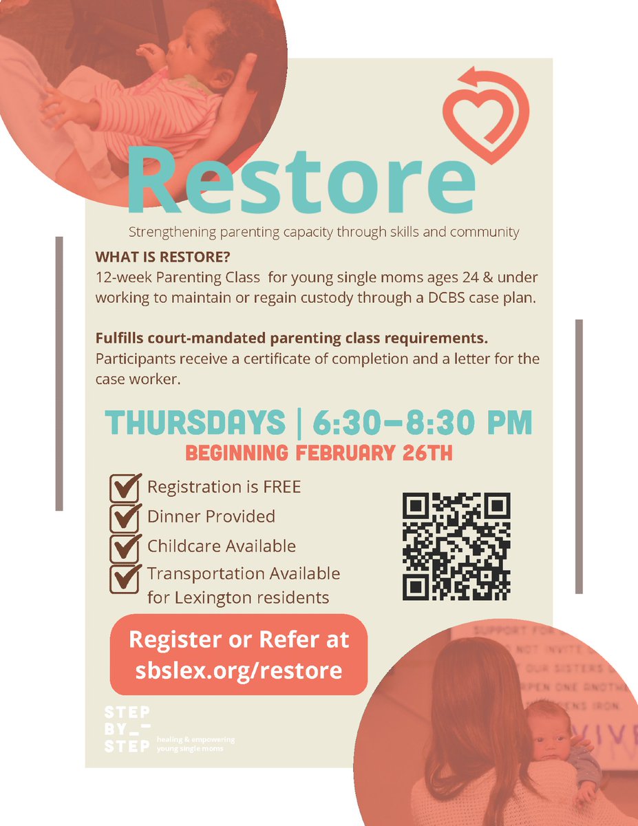 Step By Step is having a free Parenting Class for young mothers working to maintain or regain custody through a DCBS case plan on Thursdays beginning on February 26th.