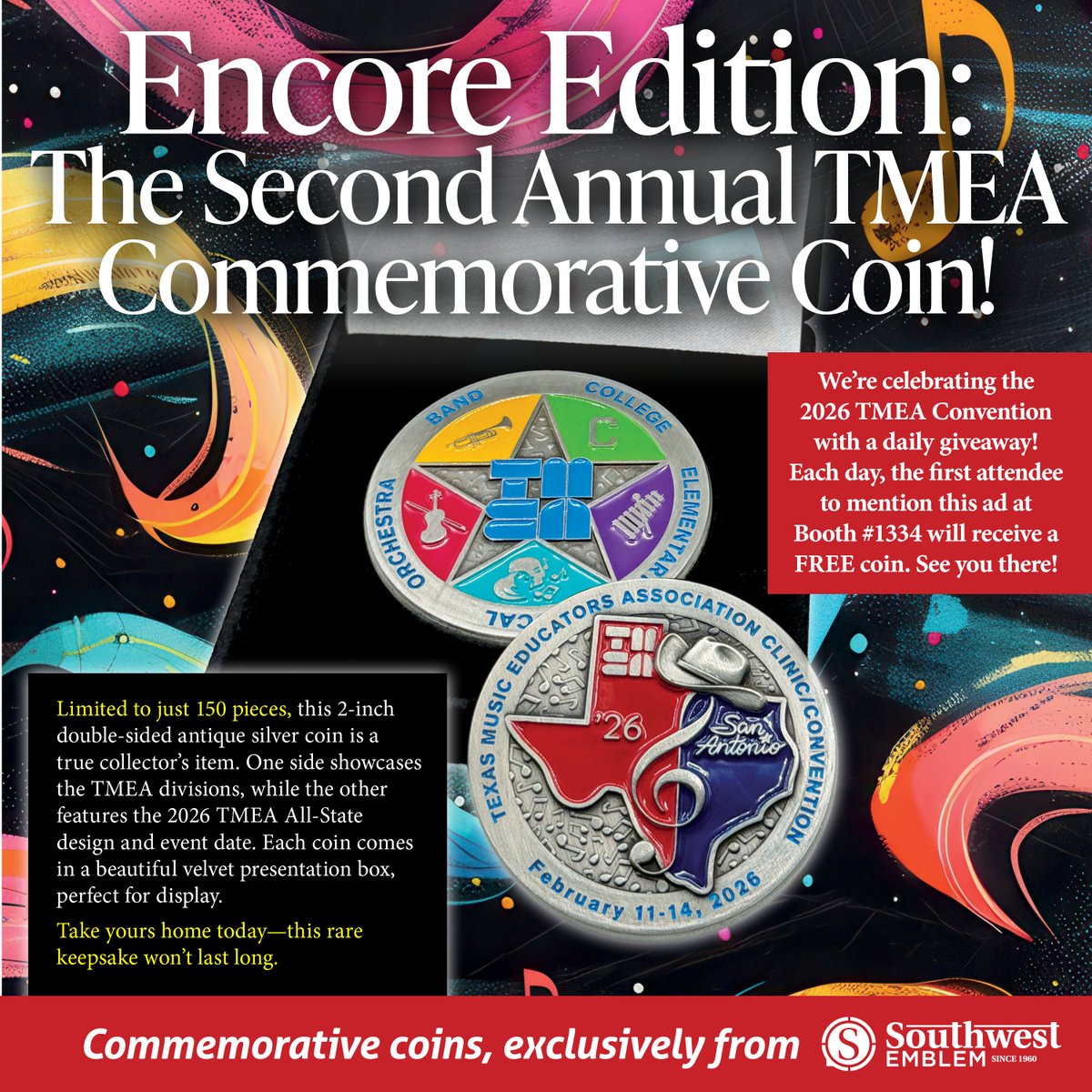 SouthwestEmblem's tweet photo. We're getting so excited for TMEA's Clinic and Convention coming up! 🎼

This year, we'll have another amazing commemorative coin for you to take home and put on display. 🌟 We only made 150 of these special coins, so be sure to visit our booth and get yours. 🎶

#SouthwestEmblem https://t.co/RZqswMgkkF