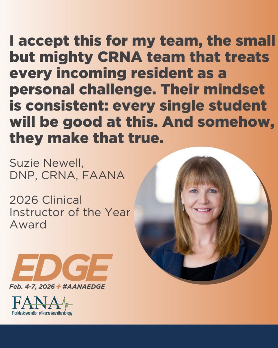 Congratulations to Suzie Newell, DNP, CRNA, FAANA on earning the 2026 Clinical Instructor of the Year Award 👏

#CRNA #NurseAnesthesia #AANAEDGE #AnesthesiaEducation #FutureCRNAs #HealthcareLeaders #FANA