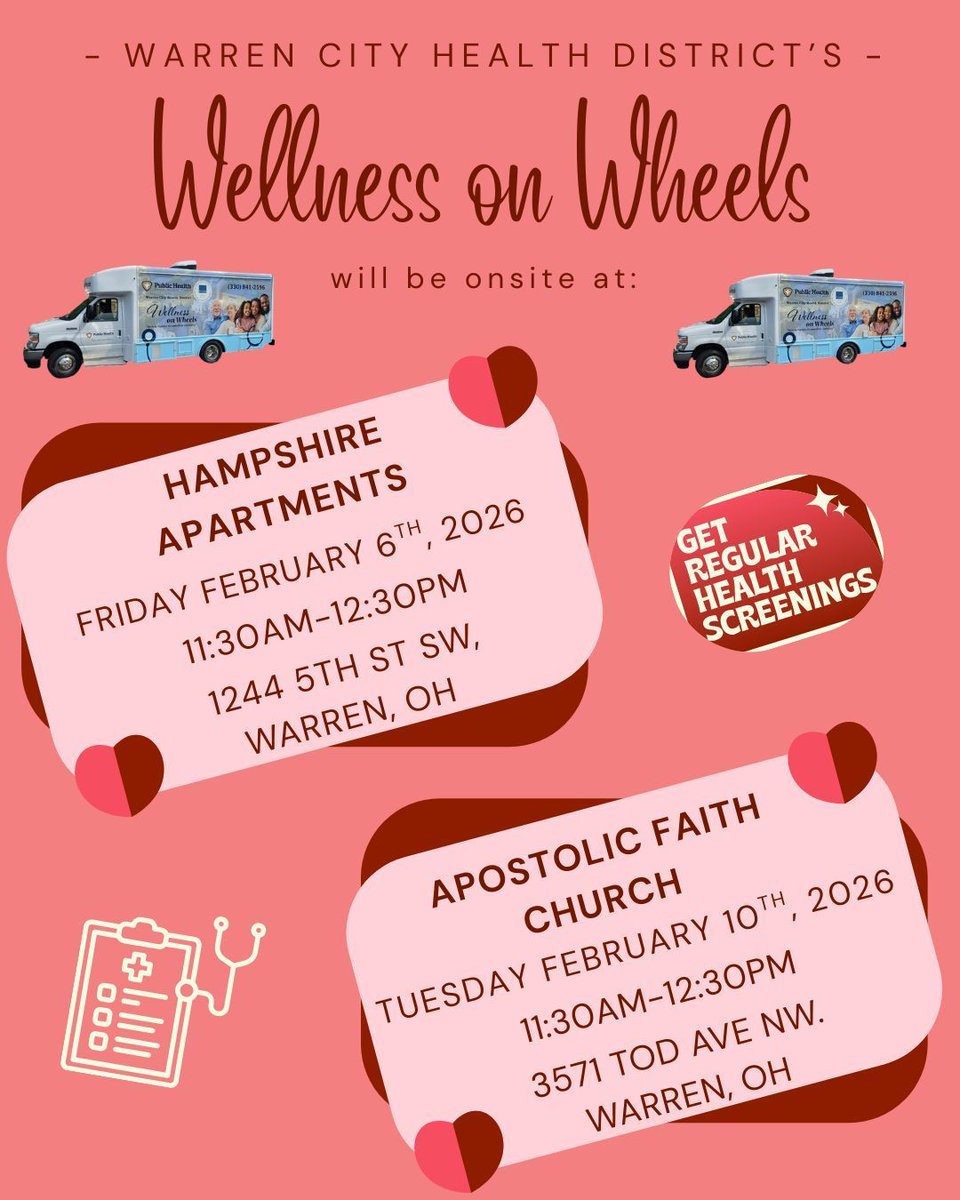 WarrenHealth's tweet image. Our Wellness on Wheels schedule for the next 2 weeks:

Hampshire House- Friday February 6th, 2026 from 11:30am-12:30pm
Apostolic Faith Church-Tuesday February 10th, 2026 from 11:30am-12:30pm

Free Health Screenings &amp;amp; Free Health Education!😊
