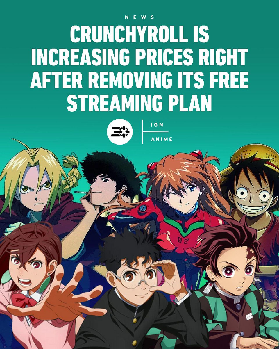 IGN's tweet image. After Crunchyroll removed its free streaming plan at the end of 2025, the company is now increasing every monthly subscription plan by $2. bit.ly/3NTwAFs