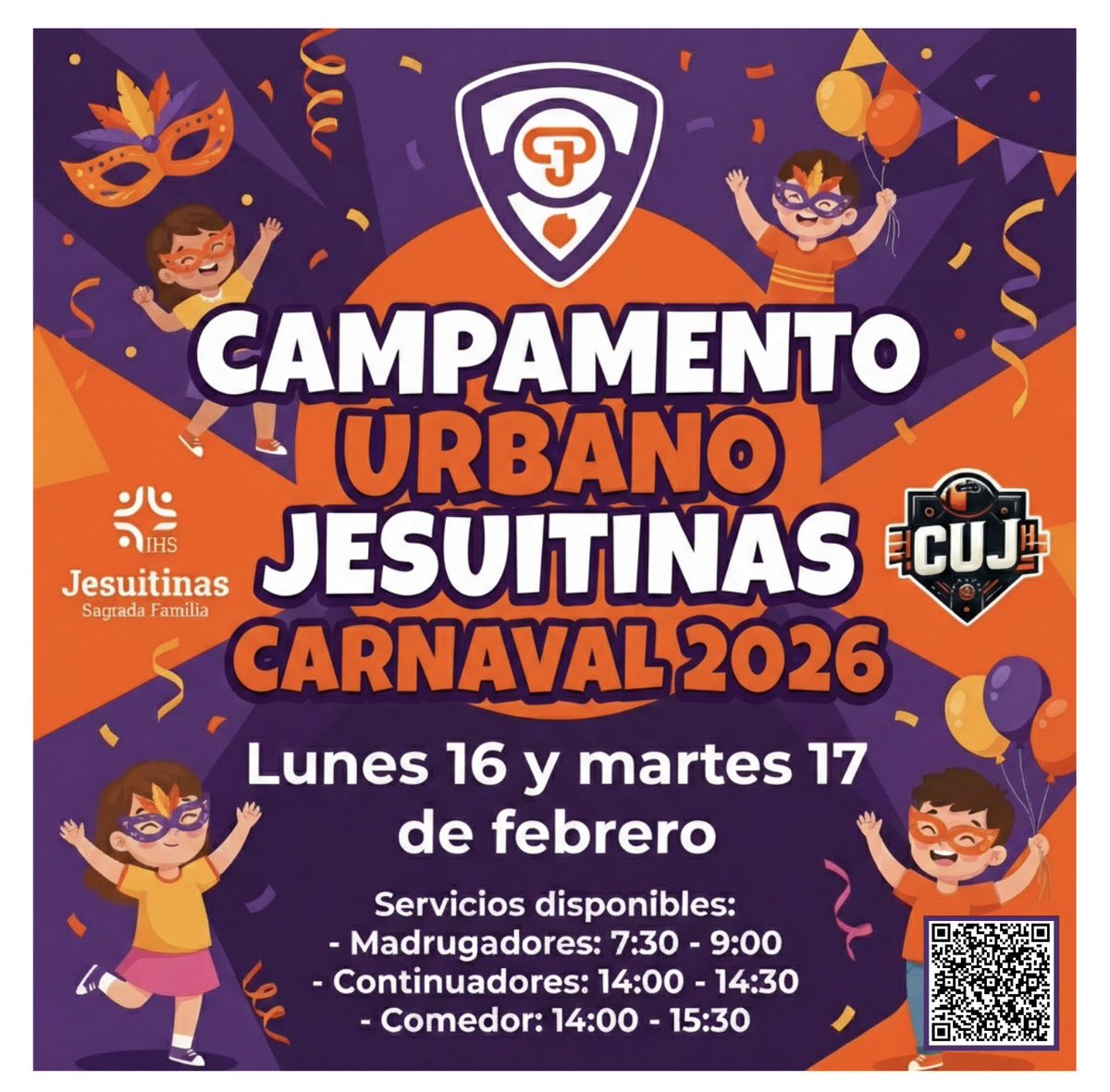🎭 Estos carnavales vuelve nuestro maravilloso 𝐂𝐀𝐌𝐏𝐀𝐌𝐄𝐍𝐓𝐎 𝐔𝐑𝐁𝐀𝐍𝐎 𝐉𝐄𝐒𝐔𝐈𝐓𝐈𝐍𝐀𝐒 😍

👉Lunes 1️⃣6️⃣ y martes 1️⃣7️⃣ de febrero.

#cuj #campamentourbanojesuitinas #somosjesuitinas🧡