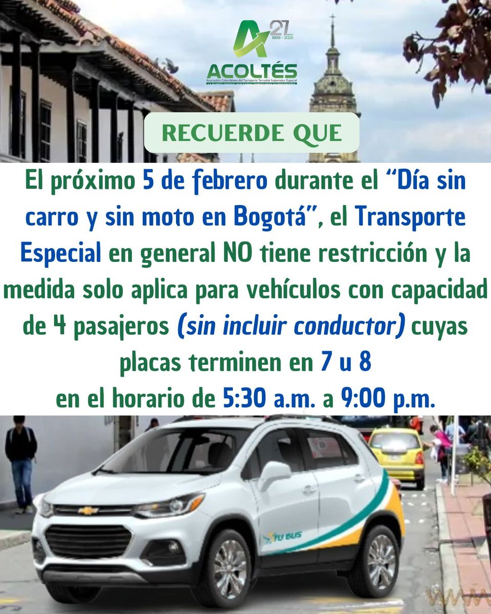 Dato clave para el 5 de febrero en Bogotá

Durante el #DíaSinCarroYSinMoto,
el Transporte Especial no tiene restricción general.
⚠️ La medida aplica únicamente a vehículos particulares de 4 pasajeros
con placas 7 u 8 (5:30 a. m. – 9:00 p. m.).

#ACOLTÉS #TransporteEspecial