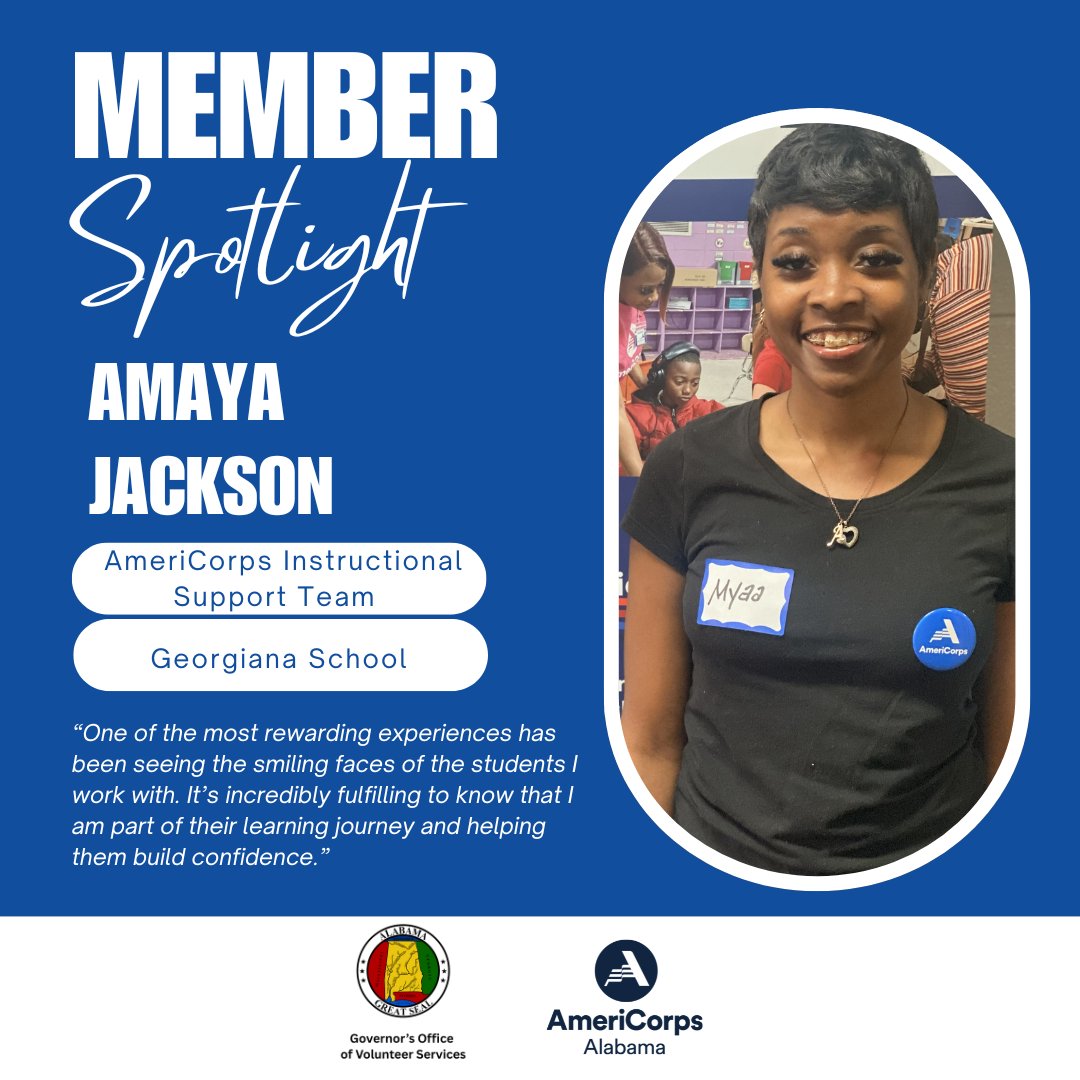 ServeAlabama's tweet photo. We would like to recognize AmeriCorps Instructional Support Team #AlabamaAmeriCorps member Amaya Jackson. Amaya serves at Georgiana School. Thank you for your service! #getthingsdone #AIST #ServeAlabama https://t.co/91zIK5GP0N