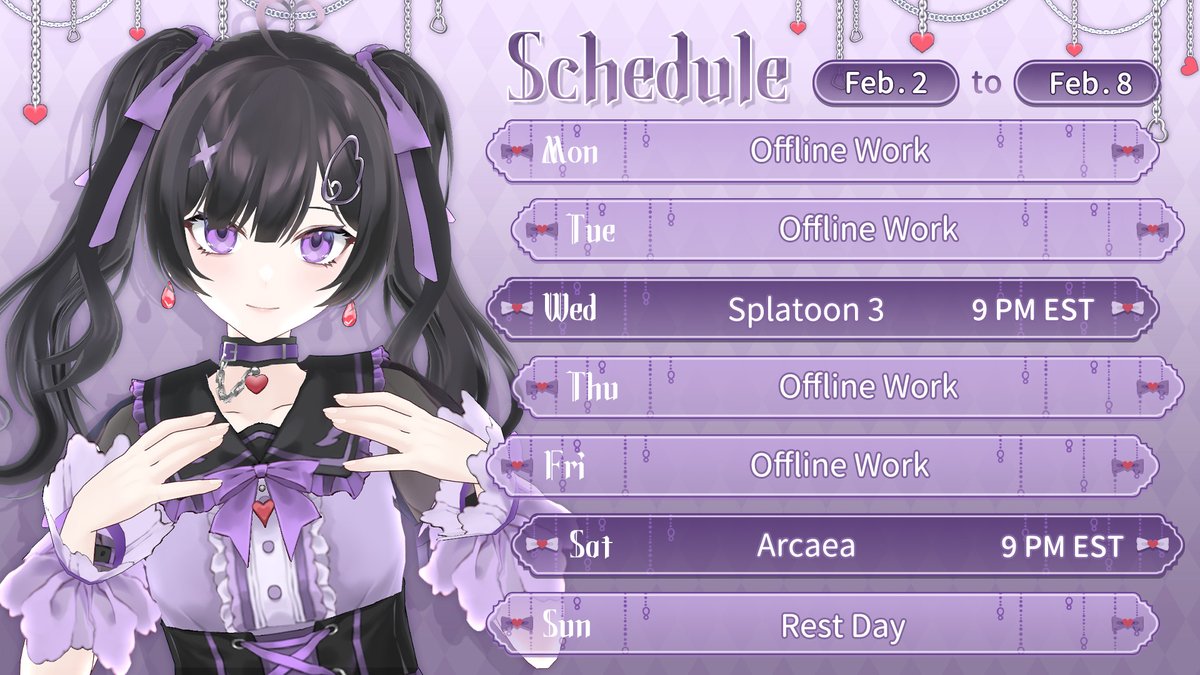 💜Weekly Schedule!🪽

Going back to some of my comfy games this week!