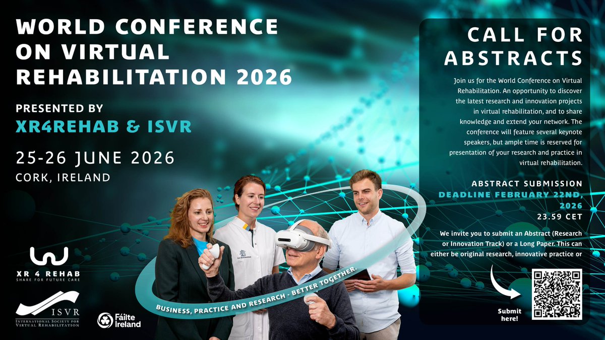 mcveigh_joe's tweet photo. Call for abstracts open. World conference on virtual rehabilitation, UCC, June 2026 https://t.co/2gw9QBEHar