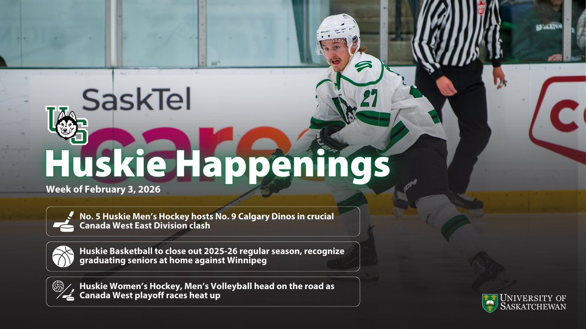 Huskie Happenings - Week of Feb. 3, 2026

▪️#5 <a href="/HuskieMHKY/">Huskie Men's Hockey</a> clashes with #9 Calgary in crucial weekend series
▪️#1 <a href="/HuskieWBB/">USask Huskies Women’s Basketball</a> &amp; <a href="/HuskieMBB/">U of S Huskies MBB</a> close out reg. season on home court
▪️<a href="/HuskieWHKY/">USask Huskie Women's Hockey</a> &amp; <a href="/HuskieMVB/">Huskie Men's Volleyball</a> head on the road as <a href="/CanadaWest/">Canada West</a> playoff races heat up

📰Read
