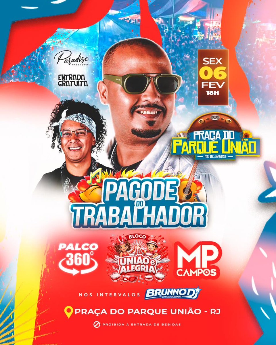 Vem todo mundo pro Pagode do Trabalhador 🎶🔥
Entrada gratuita, energia lá em cima e aquele pagode do jeito que a gente gosta!

📍 Praça do Parque União
⏰ A partir das 18h
🎤 MP Campos
🎧 Nos intervalos: Brunno DJ
🎉 Bloco União &amp; Alegria
🔄 Palco 360°