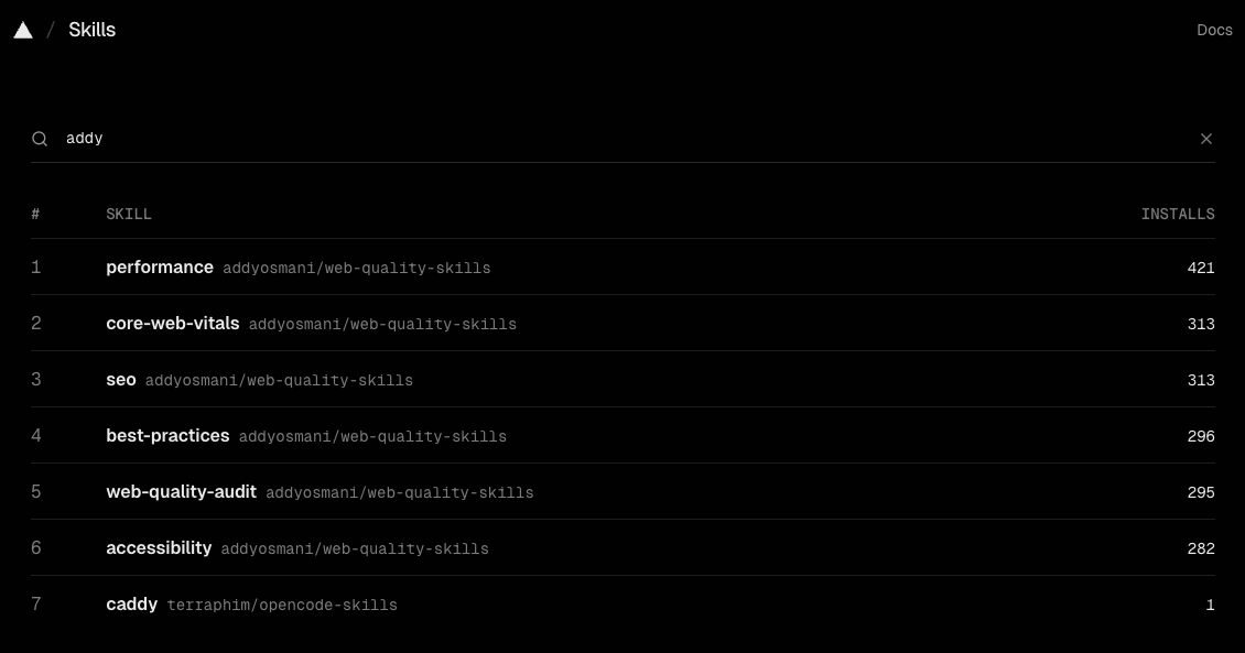 BHolmesDev's tweet photo. skills_sh is such a useful tool. Helped me discover that @addyosmani is already ramping out agent skills for common web development audits like SEO and HTML accessibility. Kudos 🙌 https://t.co/WXO8ykpttV