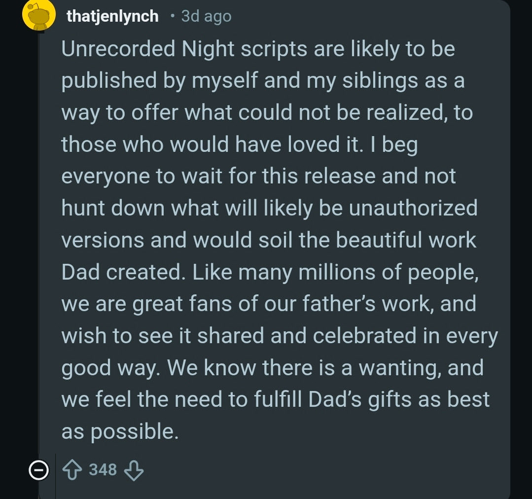 Fantastic news.
#DavidLynch #UnrecordedNight