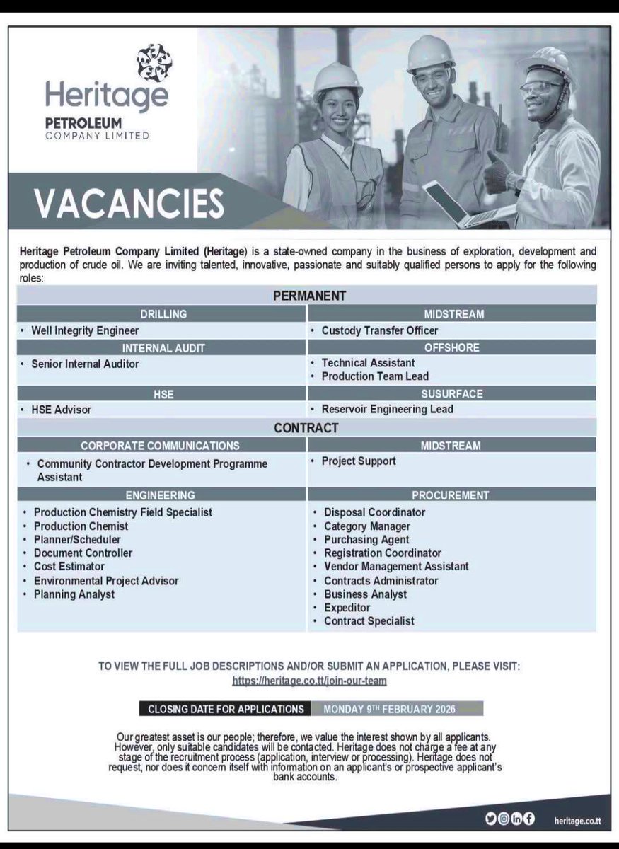 RecruitmentPq's tweet photo. Heritage Petroleum Company Recruitment 2026 is OPEN

Heritage Petroleum Company Limited (a state-owned oil & gas company) has opened applications for multiple permanent and contract roles across drilling, engineering, audit, HSE, procurement, midstream, offshore, and subsurface operations.

Available roles include (but are not limited to):

Permanent positions  
– Well Integrity Engineer  
– Senior Internal Auditor  
– HSE Advisor  
– Custody Transfer Officer  
– Technical Assistant  
– Production Team Lead  
– Reservoir Engineering Lead  

Contract positions  
– Community Contractor Development Programme Assistant  
– Project Support  
– Production Chemist / Field Specialist  
– Planner / Scheduler  
– Document Controller  
– Cost Estimator  
– Environmental Project Advisor  
– Procurement & Contracts roles (Category Manager, Purchasing Agent, Vendor Management, Business Analyst, etc.)

Application Deadline: Monday, 9 February 2026  

Sector: Oil & Gas  

Employment type: Permanent & Contract  

Official application portal: https://t.co/8CxNuhF0Yl
