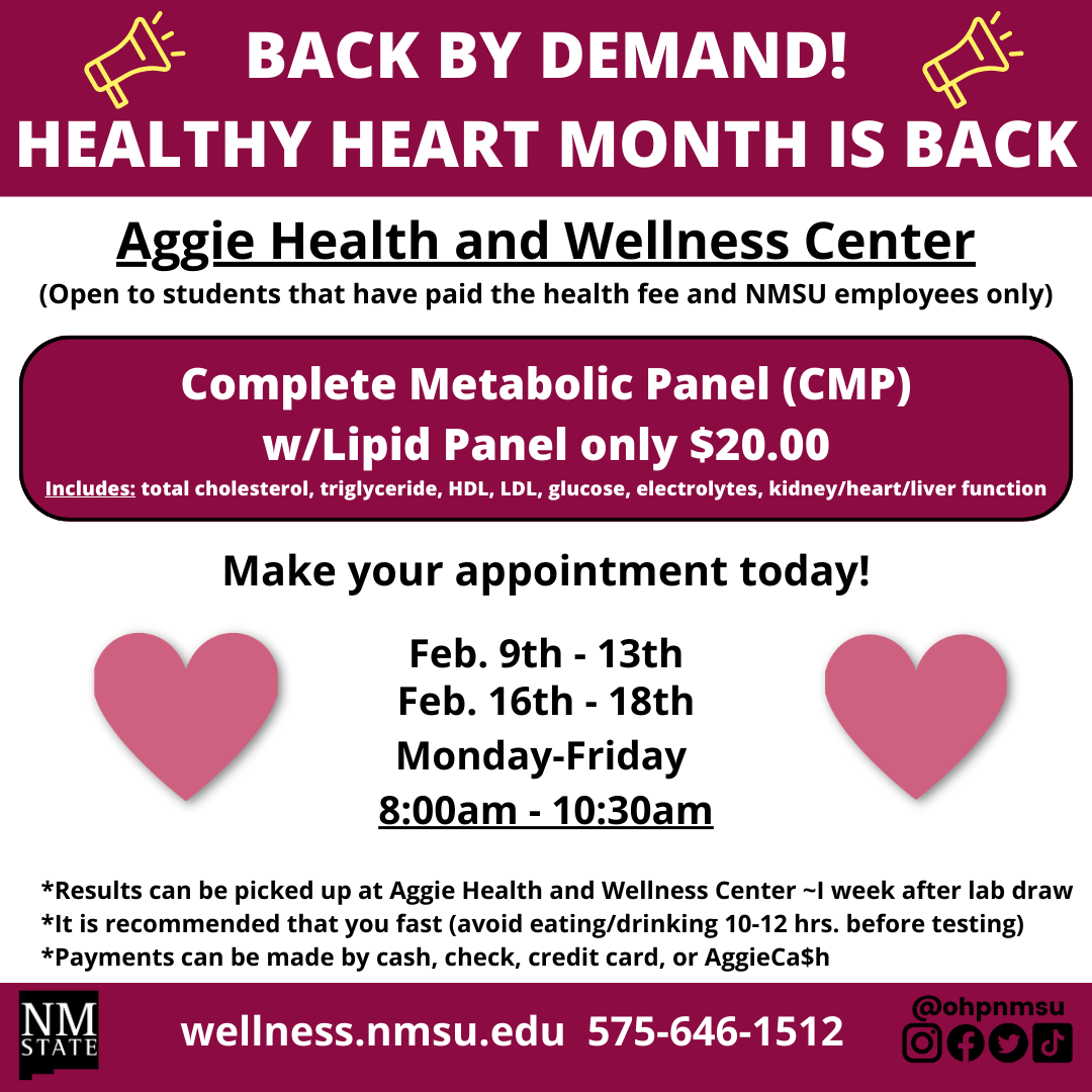 OHPNMSU's tweet photo. Aggies!! ❤️ Healthy Heart Month is back by popular demand. Call Aggie Health and Wellness Center to schedule your appointment for a Complete Metabolic Panel (CMP) with Lipid Panel for only $20.00!! ❤️

#nmsu #nmsuaggies #healthyheart #heartdisease #hypertension #heart https://t.co/mMOCg4aied