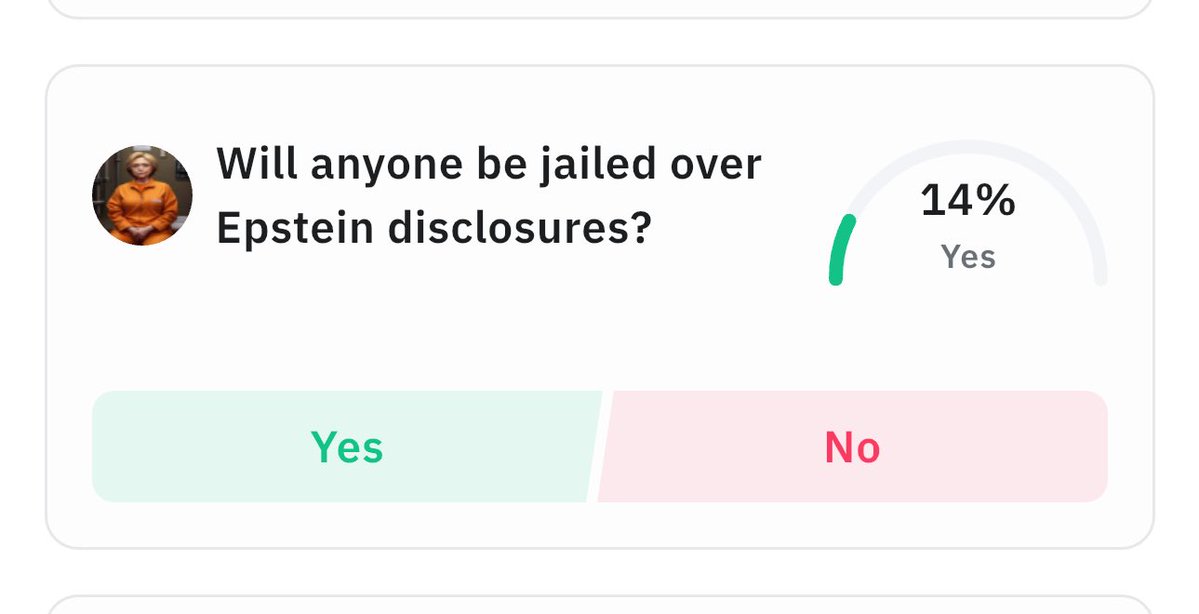 Muy poca gente cree que van a encarcelar a alguien después de publicar tantos archivos de #EpsteinFiles ¿Y tu que opinas? 
Los #predictionmarket muestran opiniones de verdad, mucho mas fiables que encuestas en redes. 
Unete a #BitMart y descubre donde la gente pone sus votos 🤨