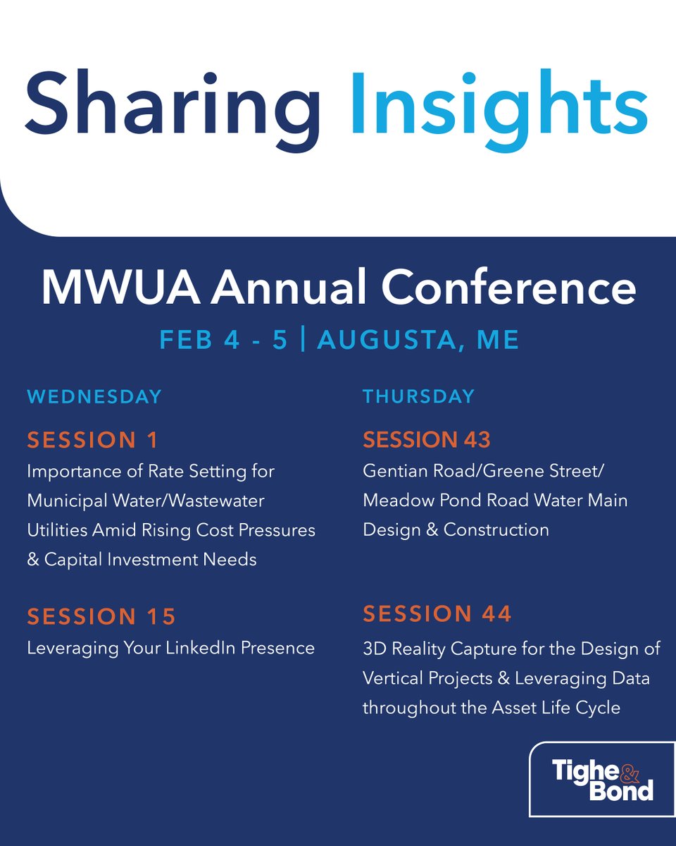 tighebond's tweet image. Join our speakers at the Maine Water Utilities Association (MWUA) Annual Conference in Augusta, ME for sessions tomorrow and Thursday. ow.ly/qztr50Y8o9O #MWUA