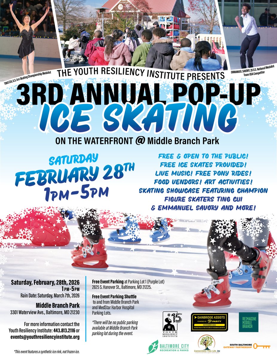 IT’S BACK! The <a href="/YouthResiliency/">Youth Resiliency</a>  Pop-Up Ice Skating Rink returns to Middle Branch Park! Sat, Feb 28, 2026 | 1–5 PM (Rain date: Mar 7) FREE!
Featuring skating showcases by U.S. medalists Ting Cui &amp; Emmanuel Savory, plus pony rides, live music, art activities, food trucks, &amp; more!