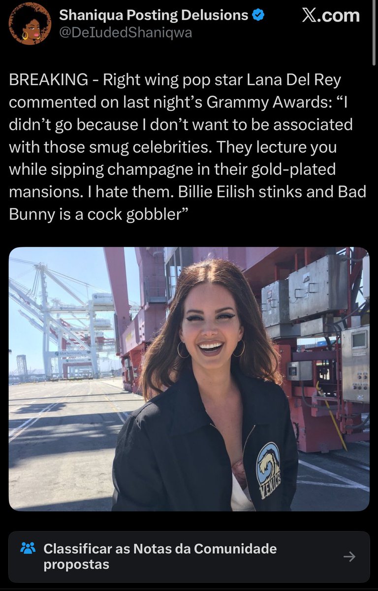 🚨REPORTEM ESSA FAKE NEWS🚨

Posts como que a Lana Del Rey tem inverdades associadas a ela, na devemos que coisas como essas permitem se alastre 

@/DeludedShaniqwa aqui está conta que fez essa postagem ridículo
