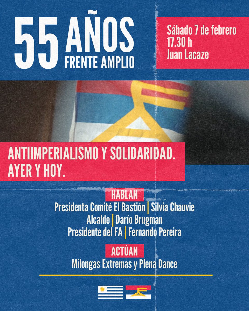 Este sábado celebramos los 55 años del Frente Amplio en Juan Lacaze 🔴🔵⚪️ 

📅 Sábado 7
⏰ 17:30 h

🎶 Cantan: Milongas Extremas y Plena Dance

🗣️ Hablan: Silvia Chauvie: 
Presidenta Comité De Base El Bastión
Dario Brugman: Alcalde 
Fernando Pereira: Presidente del Frente Amplio