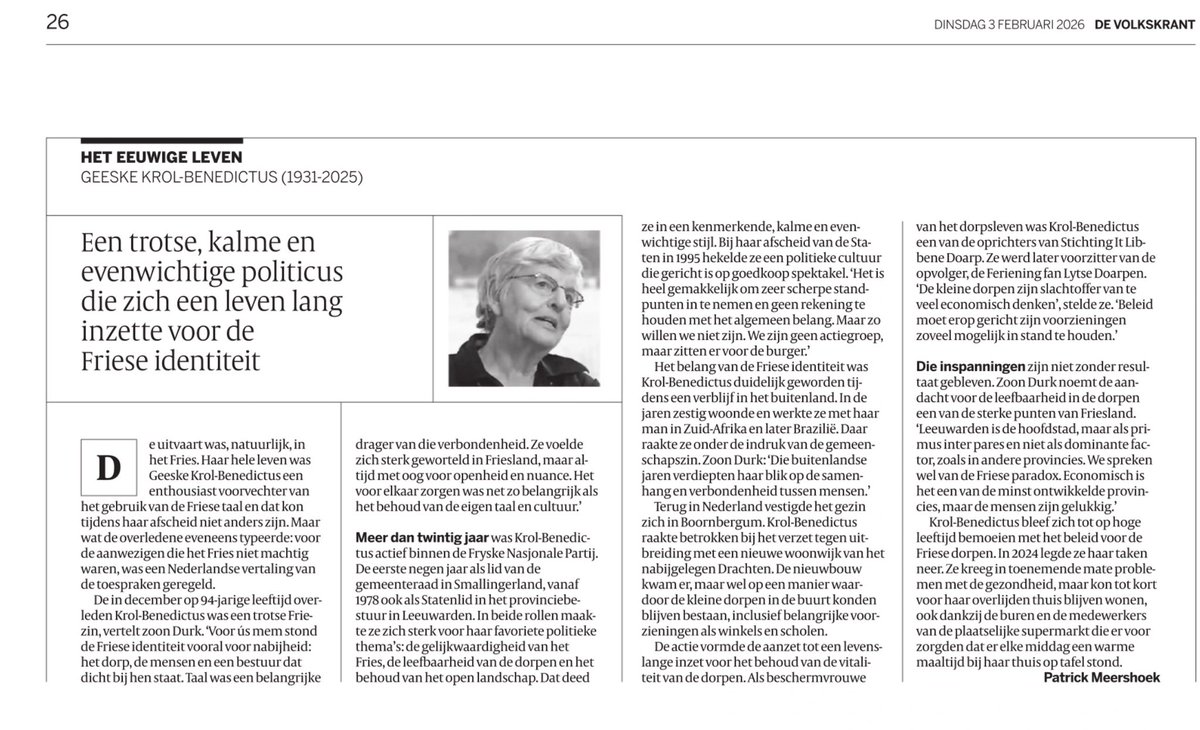 smellingerlan's tweet photo. Hjoed yn @volkskrant, in memoriam Geeske Krol-Benedictus (1931-2025), ‘Een trotse, kalme en evenwichtige politicus die zich een leven lang inzette voor de Friese identiteit’ (@fnpfryslan, @durkkrol). Se wie ek 9 jier riedslid yn de gemeente Smellingerlân. https://t.co/YydYeoJPhY