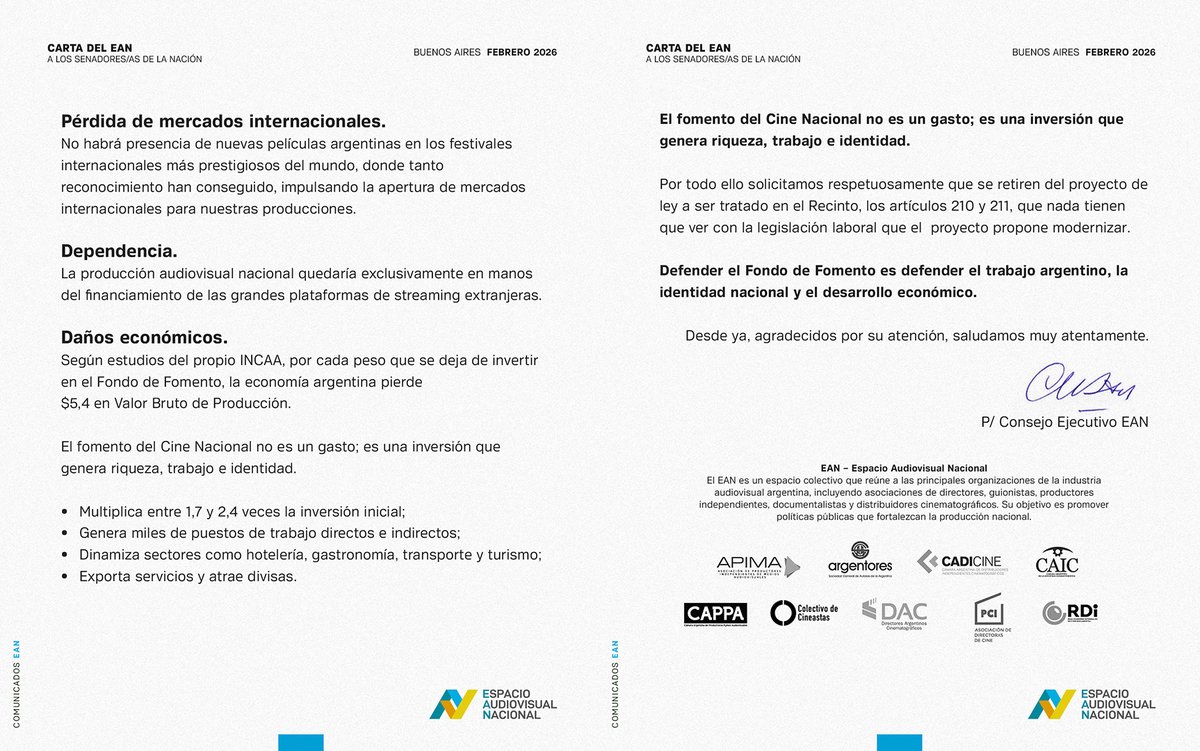 EAN convoca a una conferencia en el Congreso Nacional - Carta a los Senadores/as.

Lee la noticia en nuestro Sitio web
espacioaudiovisualnacional.org/carta-del-ean-…