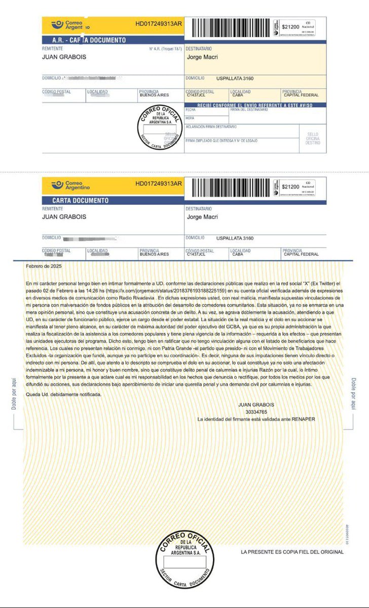 Lo vamos a hacer papilla en tribunales a Macri. Este tipo no es más que un garca con el cerebro de una babosa que está más sucio que las fotitos que, según Lilia, anduvo mandando. 

Acá está nuestra intimación, ahora que muestre él la denuncia que hizo contra mí, porque no figura