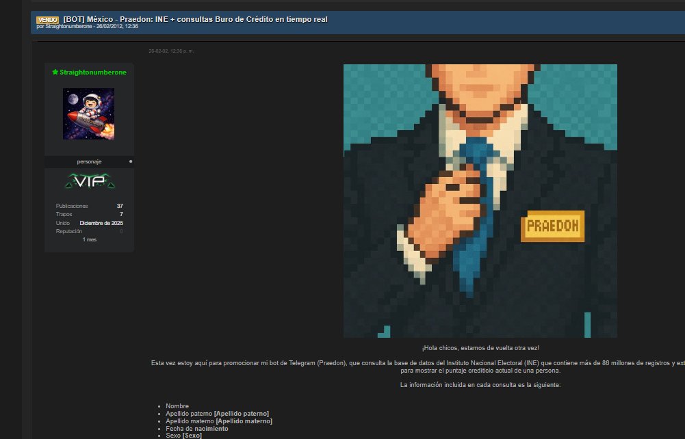 ¡Ojo!🚨
Acaban de crear un bot para realizar consultas del INE y del Buró de Crédito. Esto ya lo documenté en mi reporte.
Son ataques que normalmente se presentan cuando están vs un estado. Solo como recomendación: tengan mucho cuidado al usar ese bot.

Este tipo de bots puede