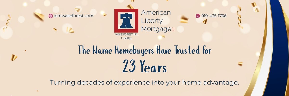 ALMwakeforest's tweet photo. 🎉 23 years of trusted home financing support!

American Liberty Mortgage, Inc. marks 23 years of helping clients make confident decisions about their mortgages.

👉 https://t.co/NeI5ZGfPS0
📞 (919) 435-1766 | 📧 info@almwakeforest.com 

#MortgageGuidance https://t.co/uZmnuncwAy