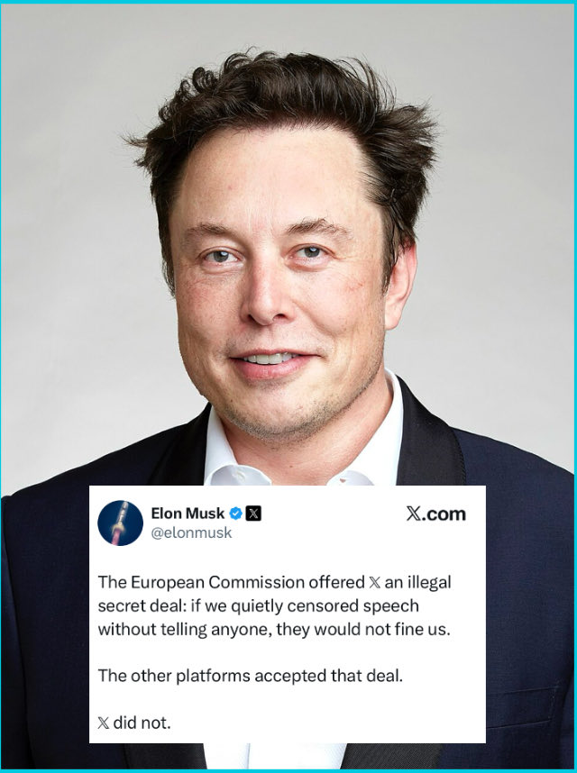 🚨 🇺🇸 ALERTE INFO : Elon Musk vient de lâcher une BOMBE sur la Commission européenne qui a proposé à X (ex-Twitter) un deal secret et illégal :  

« Si vous censurez discrètement certains contenus (sans le rendre public ni l'avouer), on ne vous mettra pas d'amende pour