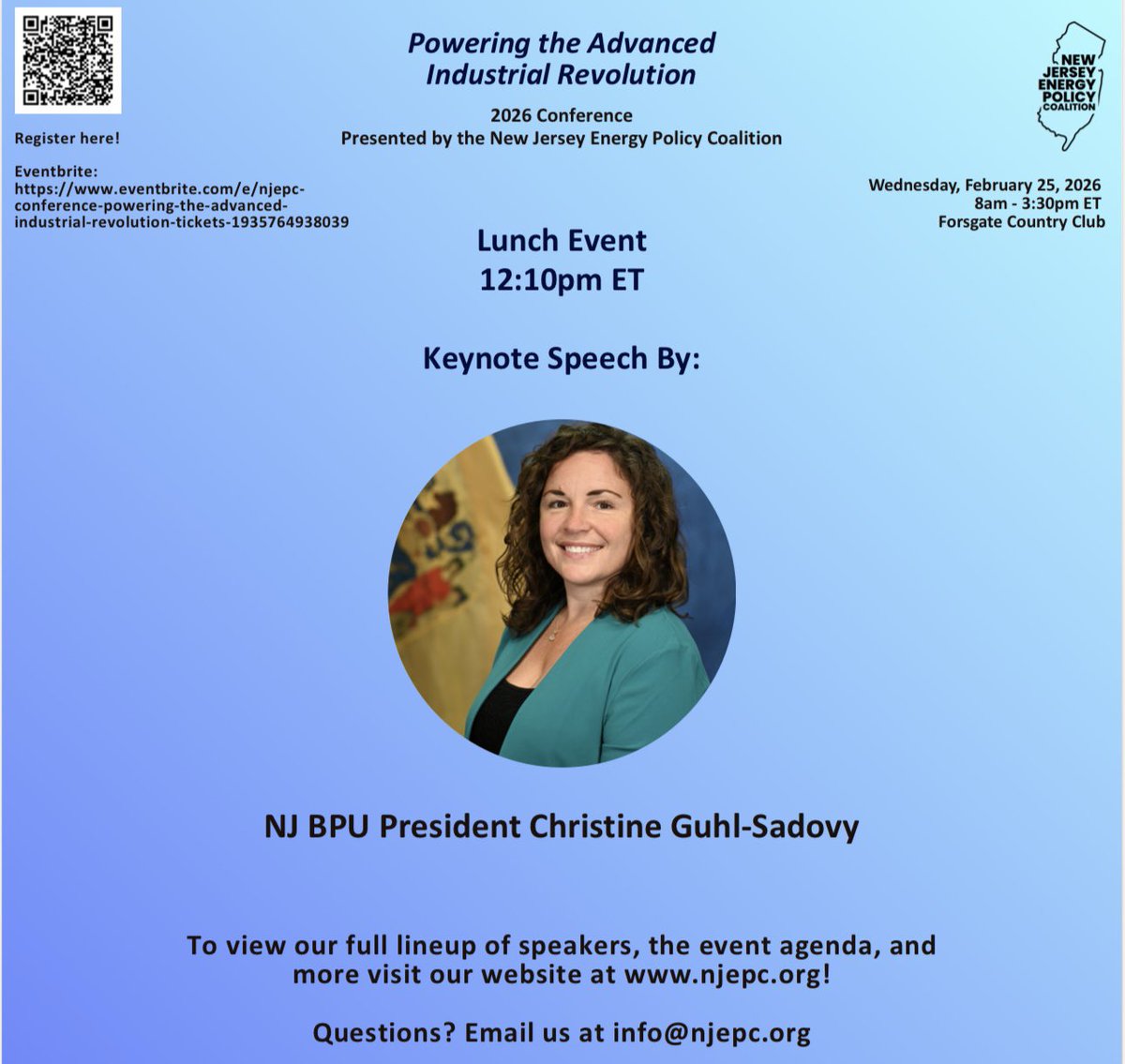 NJEPC Conference — Powering the Advanced Industrial Revolution

📅 Wednesday, February 25, 2026
⏰ 8:00 AM – 3:30 PM EST
📍 Forsgate Country Club

Lunch Event - 12:10 PM

Keynote Speaker: Christine Guhl-Sadovy – President, NJ BPU

👉 Learn more &amp; register: eventbrite.com/e/njepc-confer…