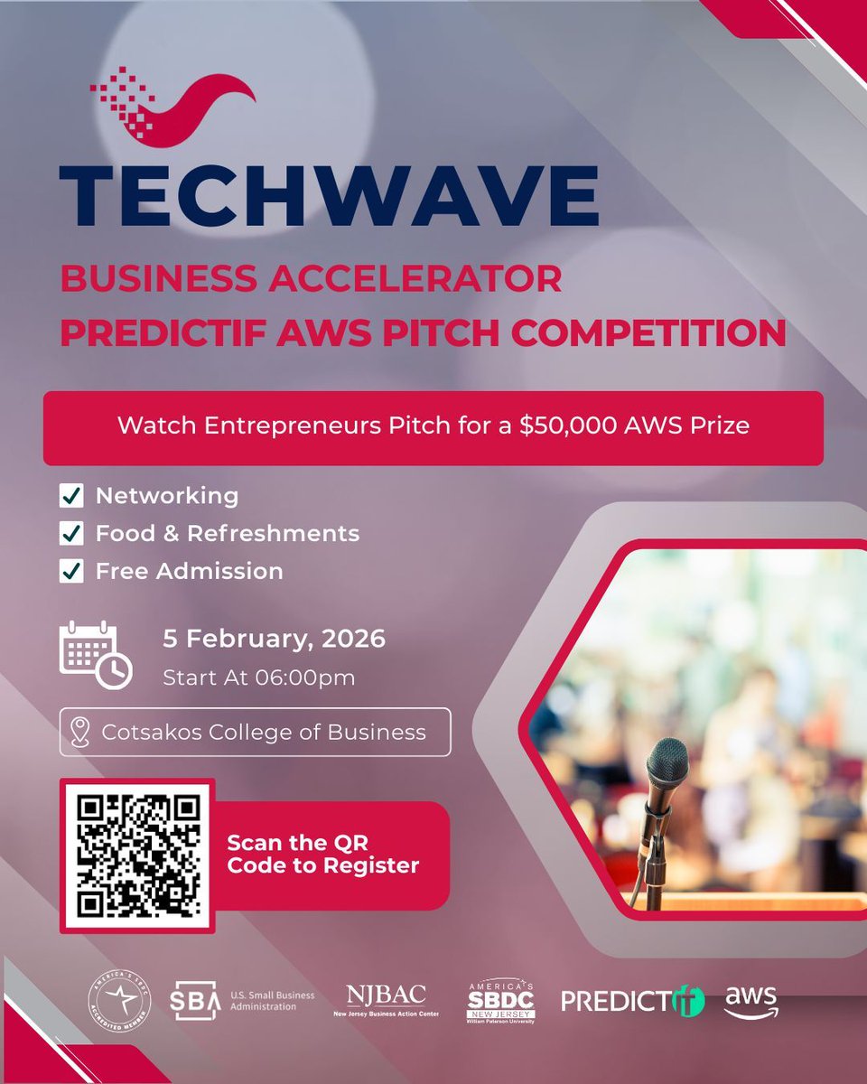 TECHWAVE x PREDICTIF AWS Pitch Competition — Feb 5!
Watch TECHWAVE Graduates compete for a $50K AWS prize 
Free entry, networking, food &amp; more.
📍Cotsakos College of Business
🔗 Register: eventbrite.com/e/techwave-bus…
#Techwave #AWS #StartupPitch #Entrepreneurs