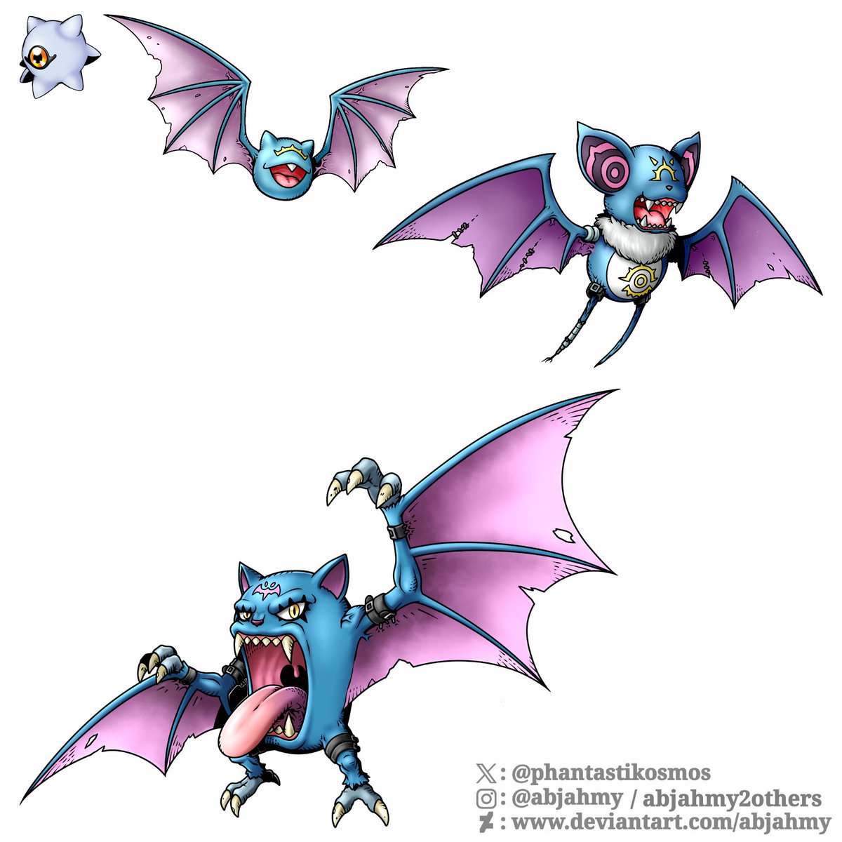 Golbat as Digimon, Golbatmon

Level: Adult 
Type: Mammal
Attribute: Virus
Field: Nightmare Soldiers / Unknown

It navigates by echolocation and uses its long tongue to paralyze its opponent with its toxin and drain their energy.

Evolves from Zubatmon