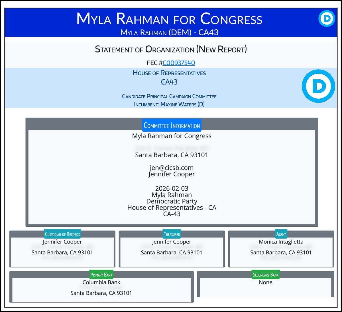 CATargetBot0001's tweet photo. NEW FEC F1
#CA43
Myla Rahman for Congress
https://t.co/qQ39GK8gkR https://t.co/4z10NIOjjo