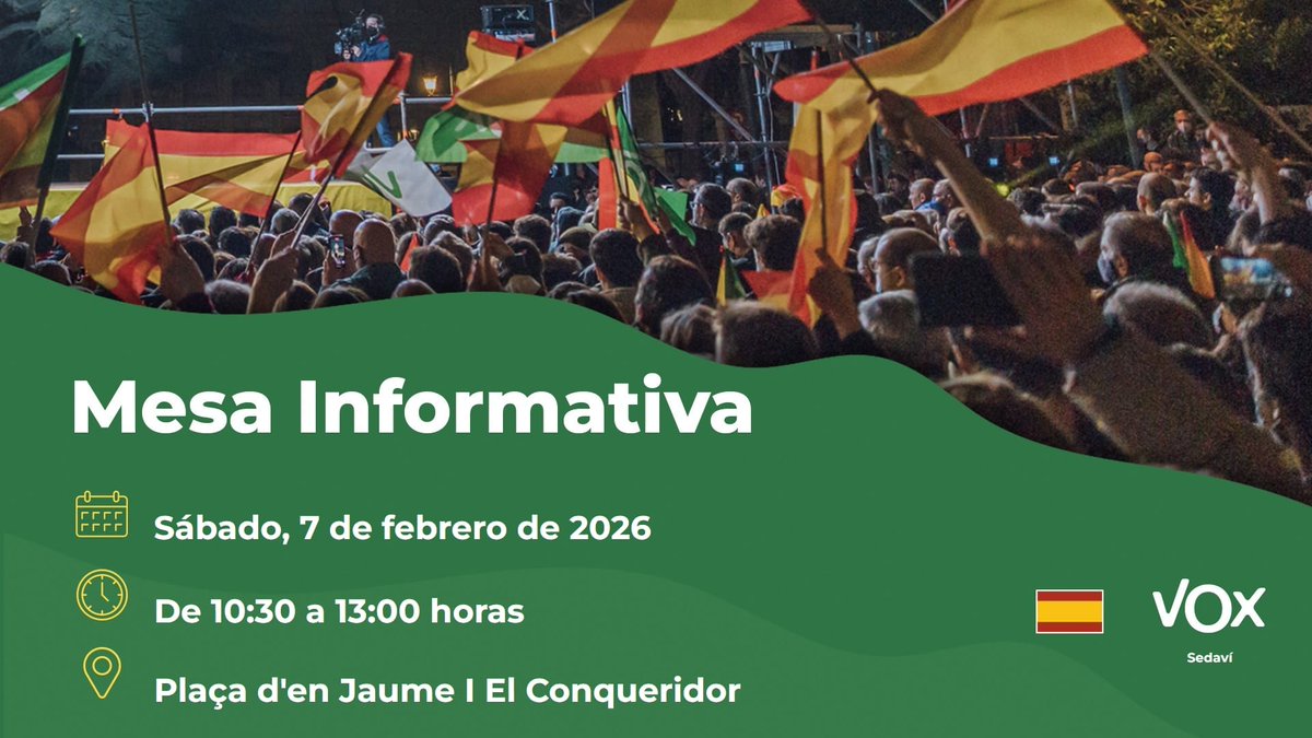 Acércate a nuestra mesa informativa y cuéntanos tus propuestas para mejorar Sedaví.

El Grupo Municipal VOX Sedaví estará a tu disposición para escucharte.

📅 7 Febrero
📍 Plaza Jaume I El Conqueridor
🕚 De 10:30h. a 13h.