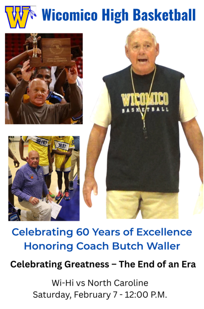 RECOGNIZING COACH WALLER! Sat.  February 7th. 
60th &amp; Final Season!
Doors open at 10
• JV Game: 10:30 AM
• Varsity Game: 12:00 PM
* Recognition Ceremony following the game

*TICKETS GO ON SALE 12pm, Wed. Feb.  4th.  Buy tickets at - gofan.co/app/school/MD2…

#AyeWiHi