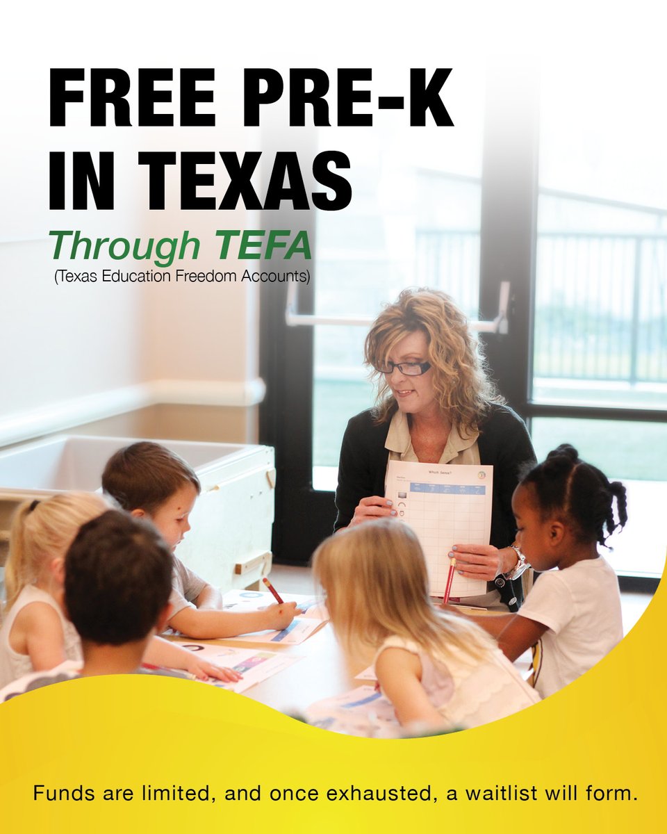 CLAChildCare's tweet photo. 🎉 Free Pre-K is available for eligible Texas families through TEFA!

Children’s Learning Adventure is pre-approved to participate in the Texas Education Freedom Accounts (TEFA) program. Funds are limited and a waitlist will form once exhausted.

👉 Apply now: https://t.co/QcS6MGXsVL