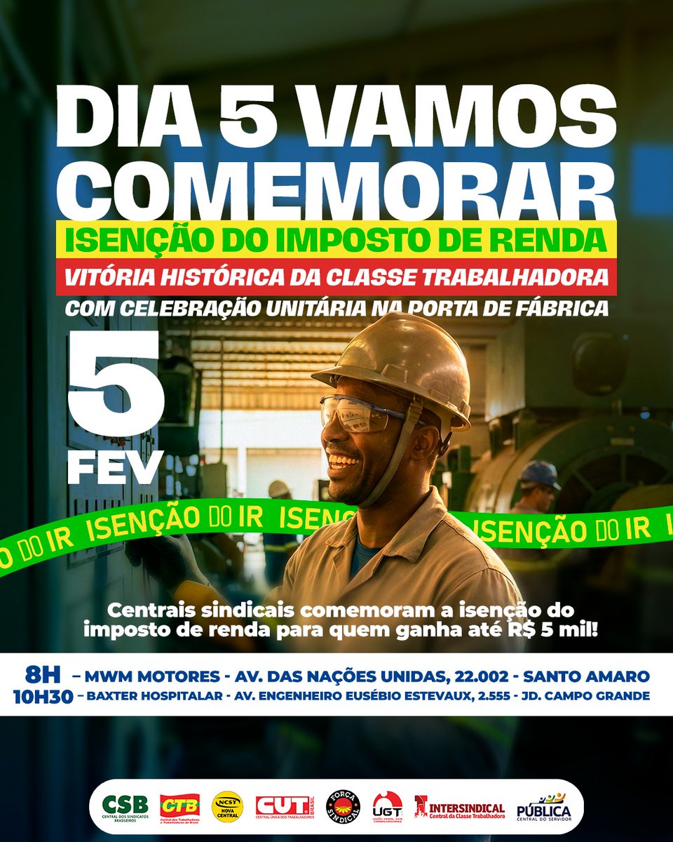 Imposto de renda zero para quem ganha até R$ 5 mil, conquista histórica da classe trabalhadora, luta da <a href="/CUT_Brasil/">CUT Brasil</a>, do movimento sindical, que só virou realidade porque elegemos <a href="/LulaOficial/">Lula</a>, que sabe o quanto esse dinheiro a mais siginifica ao trabalhador.