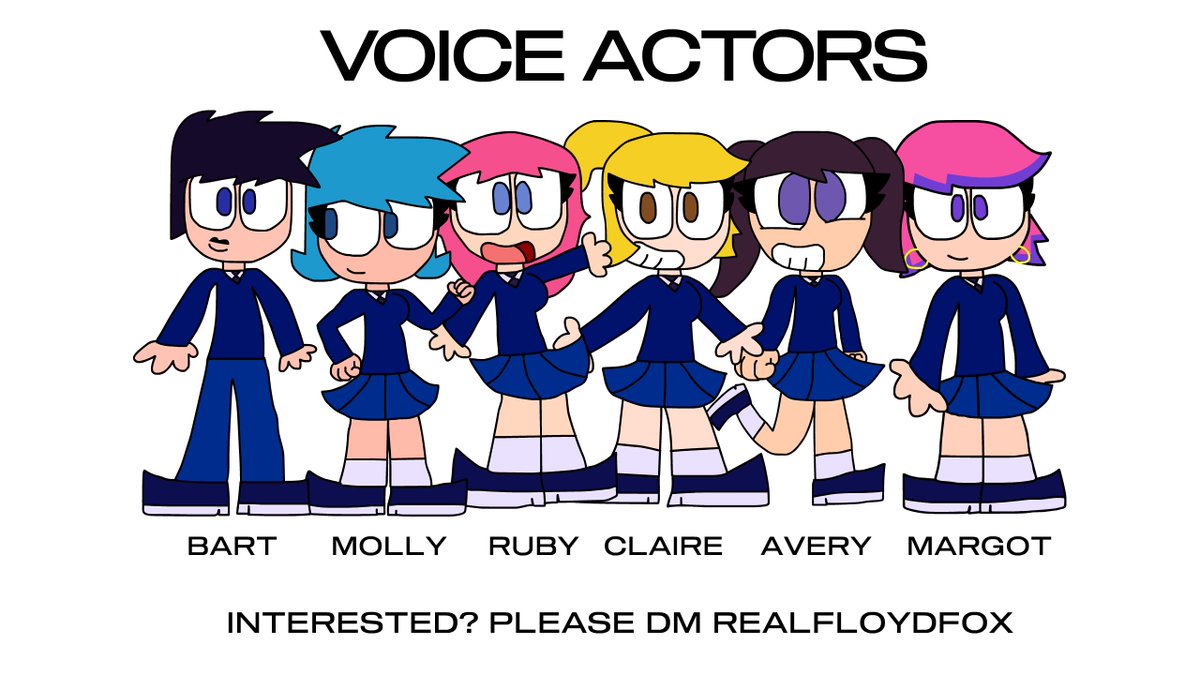 🎙️ Voice Acting Needed! 🌟
Dive into the dazzling world of High School Paradox! 
We're casting passionate voices to bring 
Bart, Molly, Ruby, Claire, Avery &amp; Margot to life. 
Ready to shine? DM <a href="/ItsRealFloyd/">Floyd Fox 🆖</a> to audition! 💫 
#CastingCall #VoiceActors #Animation