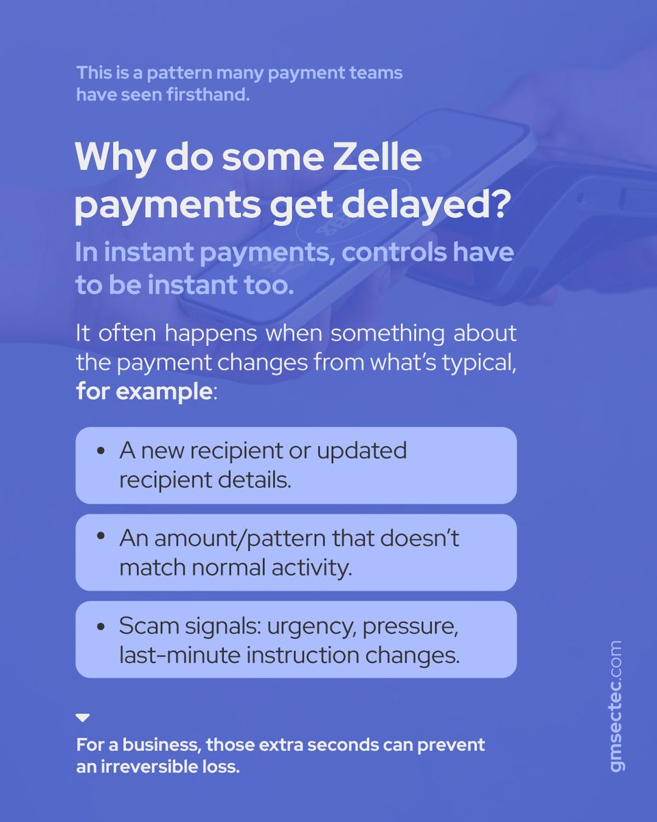 If your company uses Zelle for third-party payments, extra steps aren’t random. They’re risk controls for new recipients, unusual patterns, and last-minute changes. When there’s urgency, pause, verify via a separate channel, and log the approval. ⚠️🛑

#Zelle #Payments #GMsectec