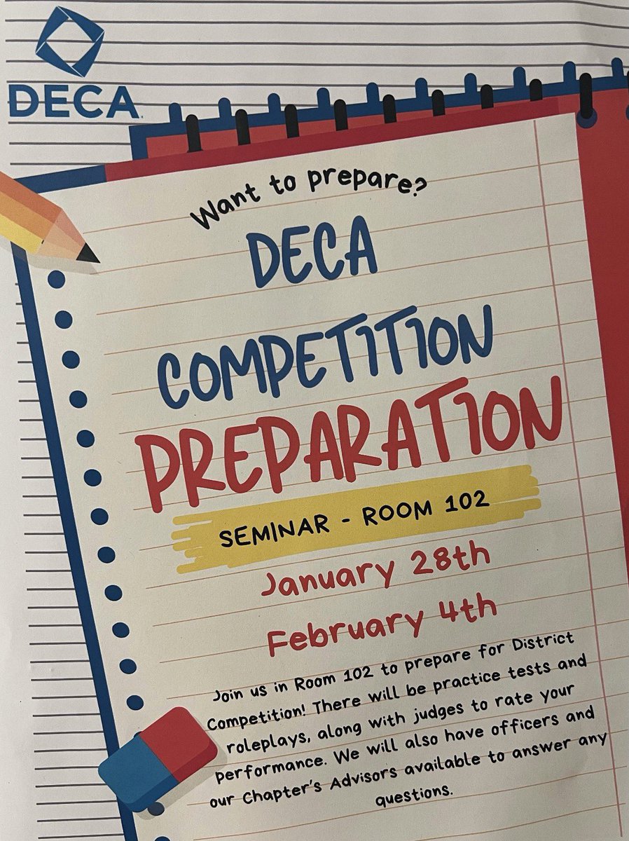Need some extra competition prep? Come by room 102 tomorrow during seminar to get competition-ready! We will have practice tests and roleplays available, as well as officers there to answer any questions you may have. We hope to see you there!