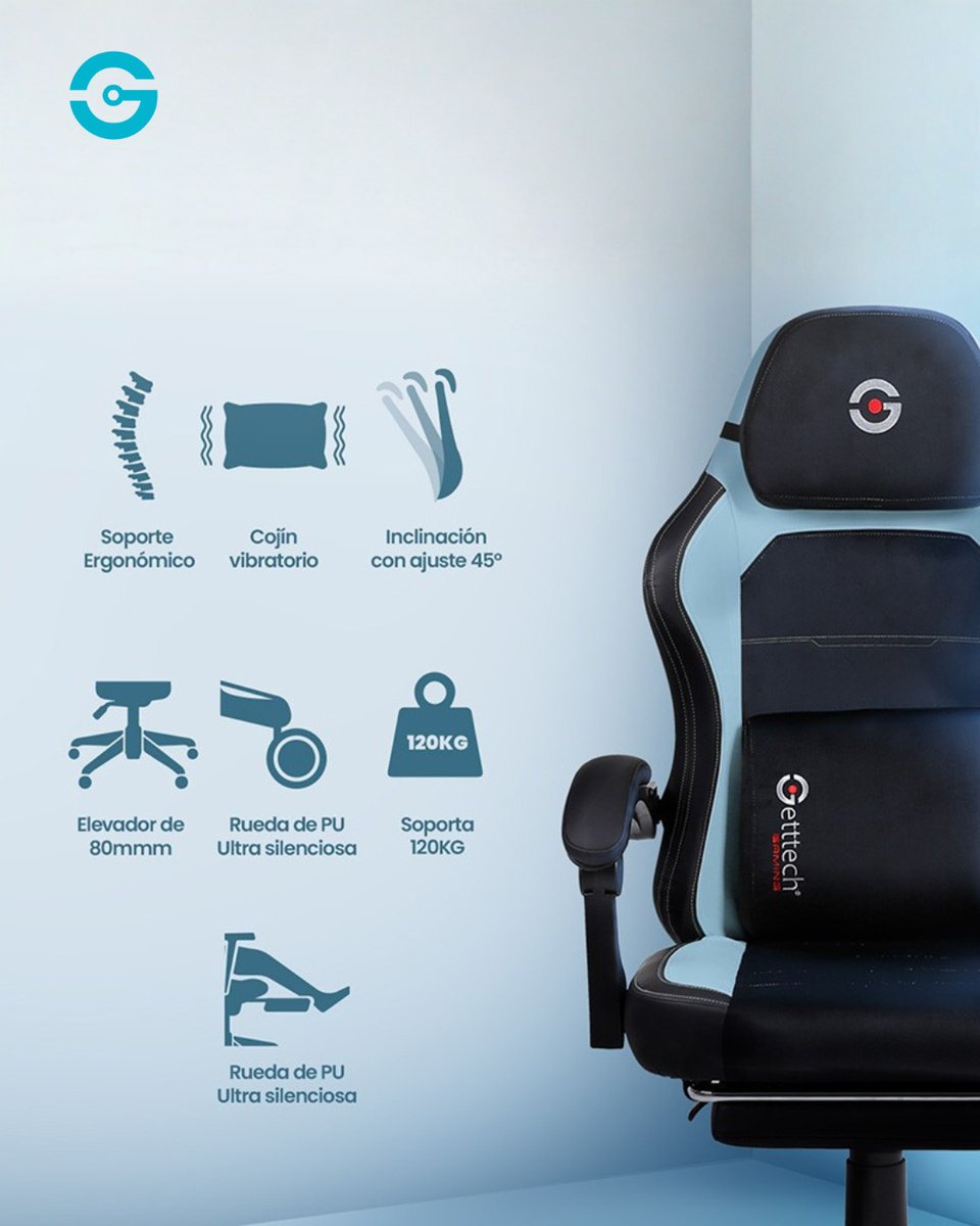 ¿Horas frente a la pantalla? Hazlo con estilo en nuestra silla Azul Celeste. 🛋️ Diseño ergonómico, reclinación de 45° y masaje lumbar integrado. ¡Tu espalda te lo agradecerá! ✨

#Getttech #SetupGoals #SillaGamer
