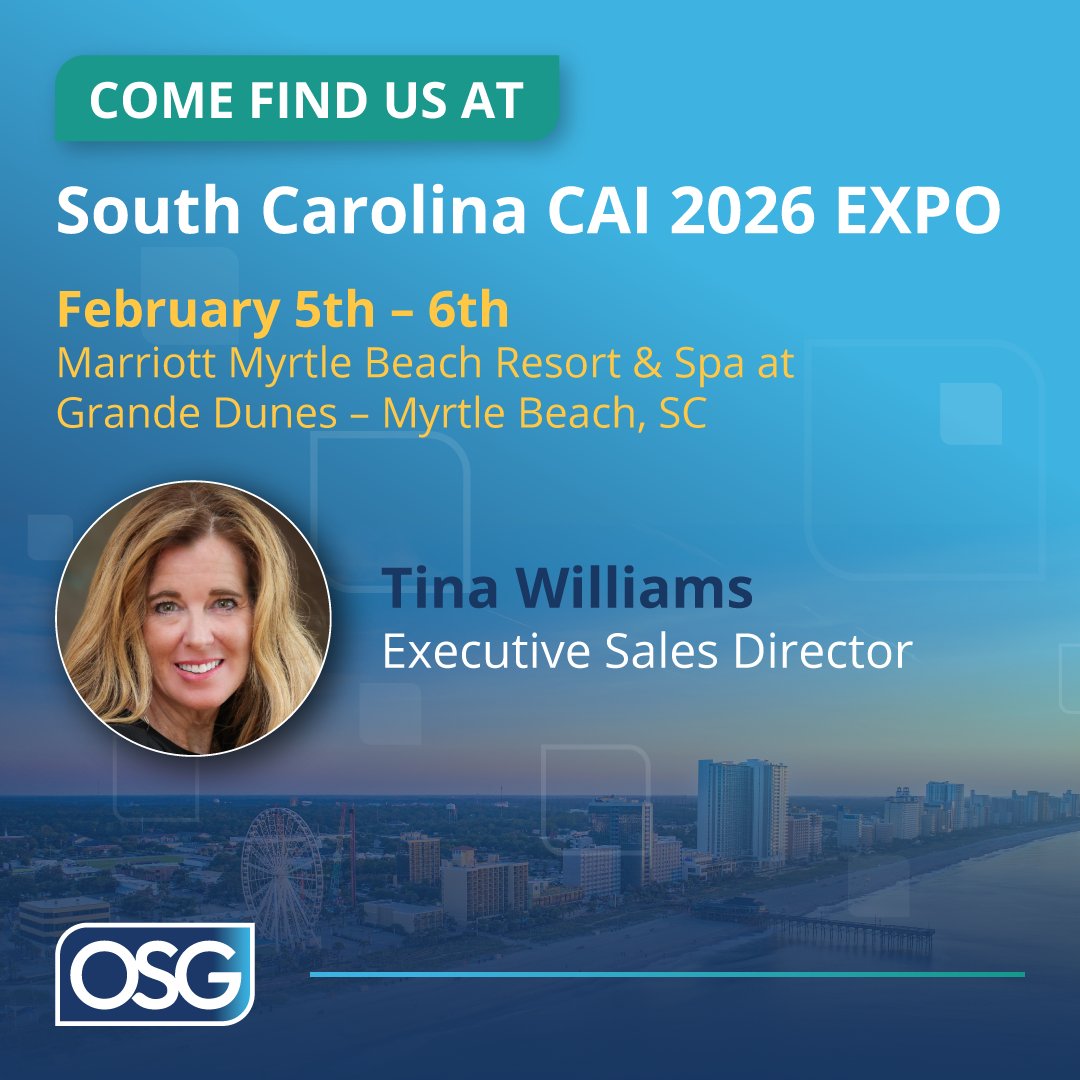 Heading to the South Carolina CAI 2026 EXPO &amp; PARTY, Feb 5 to 6 in Myrtle Beach.

Attending? Connect with Tina Williams to see how OSG helps property management and HOA teams streamline communications and improve the resident experience.

#CAISouthCarolina #CAIExpo #CCM