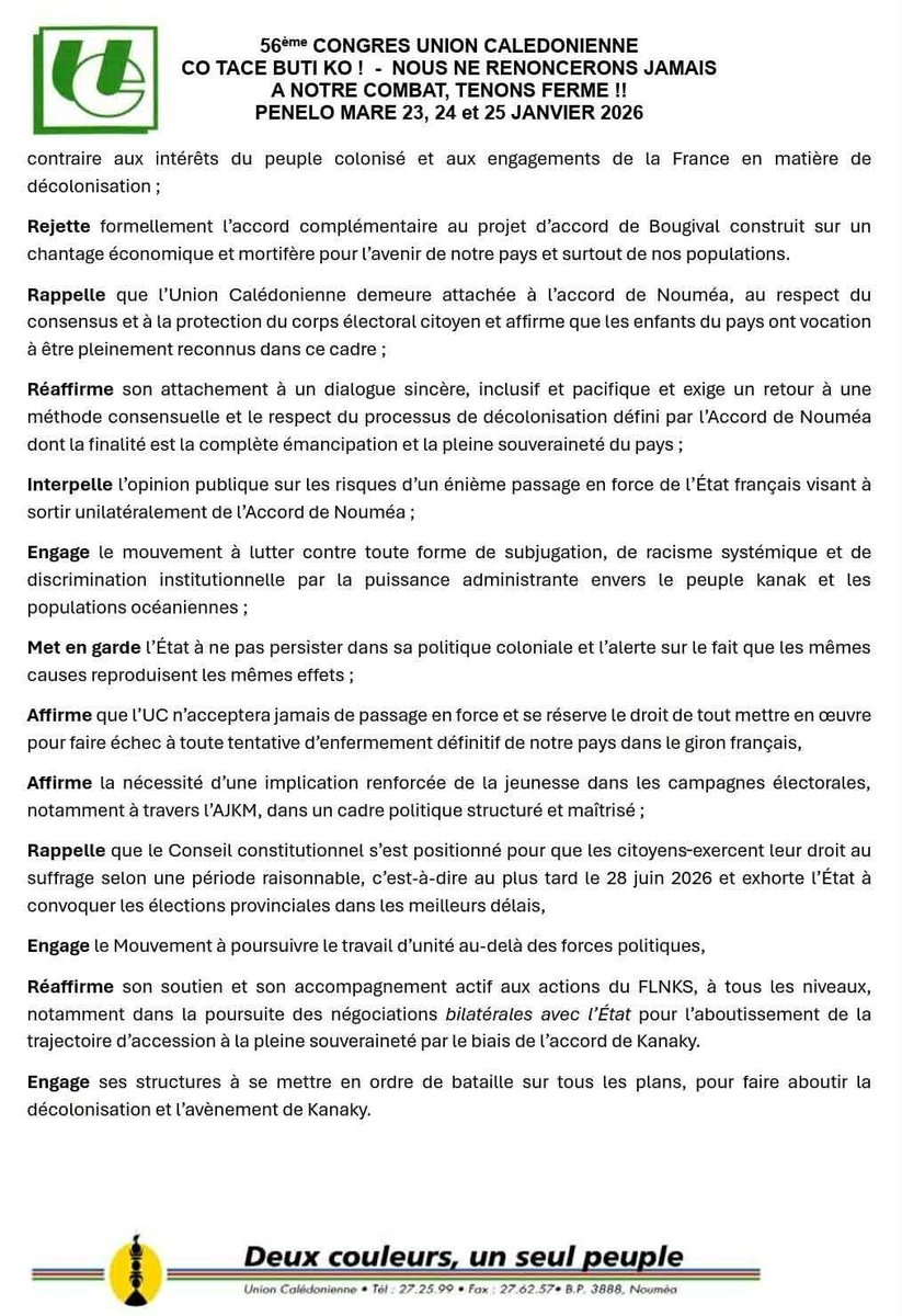 📄 𝐌𝐎𝐓𝐈𝐎𝐍 𝐏𝐎𝐋𝐈𝐓𝐈𝐐𝐔𝐄 𝐆𝐄𝐍𝐄𝐑𝐀𝐋𝐄 𝐔𝐂
Le 56ème congrès de 𝗹'𝗨𝗻𝗶𝗼𝗻 𝗖𝗮𝗹𝗲𝗱𝗼𝗻𝗶𝗲𝗻𝗻𝗲.
🔍 Bonne lecture ⤵️
#unpeuplenaquecepourquoiilsebat 
#restonsfermes 
#56èmecongresuc 
#lerevedenosperes 
#unioncalédonienne 
#cotacebutiko 🟩🟧⤵️