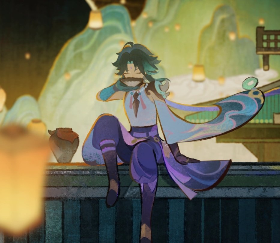 genshin spoilers |

this is the first time i see xiao appear relaxed with a drink in hand on screen. "all is well," was what he wrote on his lantern. this year he got to truly enjoy himself 🥹