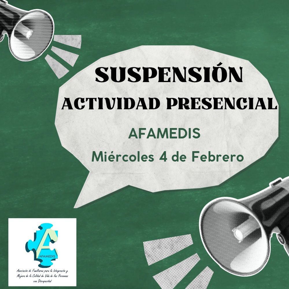 Afamedis's tweet photo. 📢 AVISO IMPORTANTE: Suspensión de actividades por condiciones meteorológicas.

Informamos que mañana, miércoles 4 de febrero, quedan suspendidas las actividades presenciales en AFAMEDIS.

​Para cualquier consulta urgente, pueden contactarnos a través del 622 55 36 24 
​¡Gracias! https://t.co/PrFu1Sm7zB