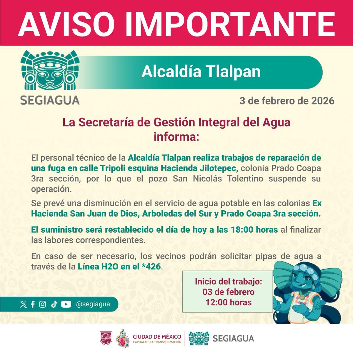🚧 La Secretaría de Gestión Integral del Agua informa a los vecinos de la <a href="/TlalpanAl/">Alcaldía Tlalpan</a>:

👷‍♀️ El personal técnico de la Alcaldía Tlalpan realiza trabajos de reparación de una fuga en calle Trípoli esquina Hacienda Jilotepec, colonia Prado Coapa 3ra sección, por lo que el pozo San