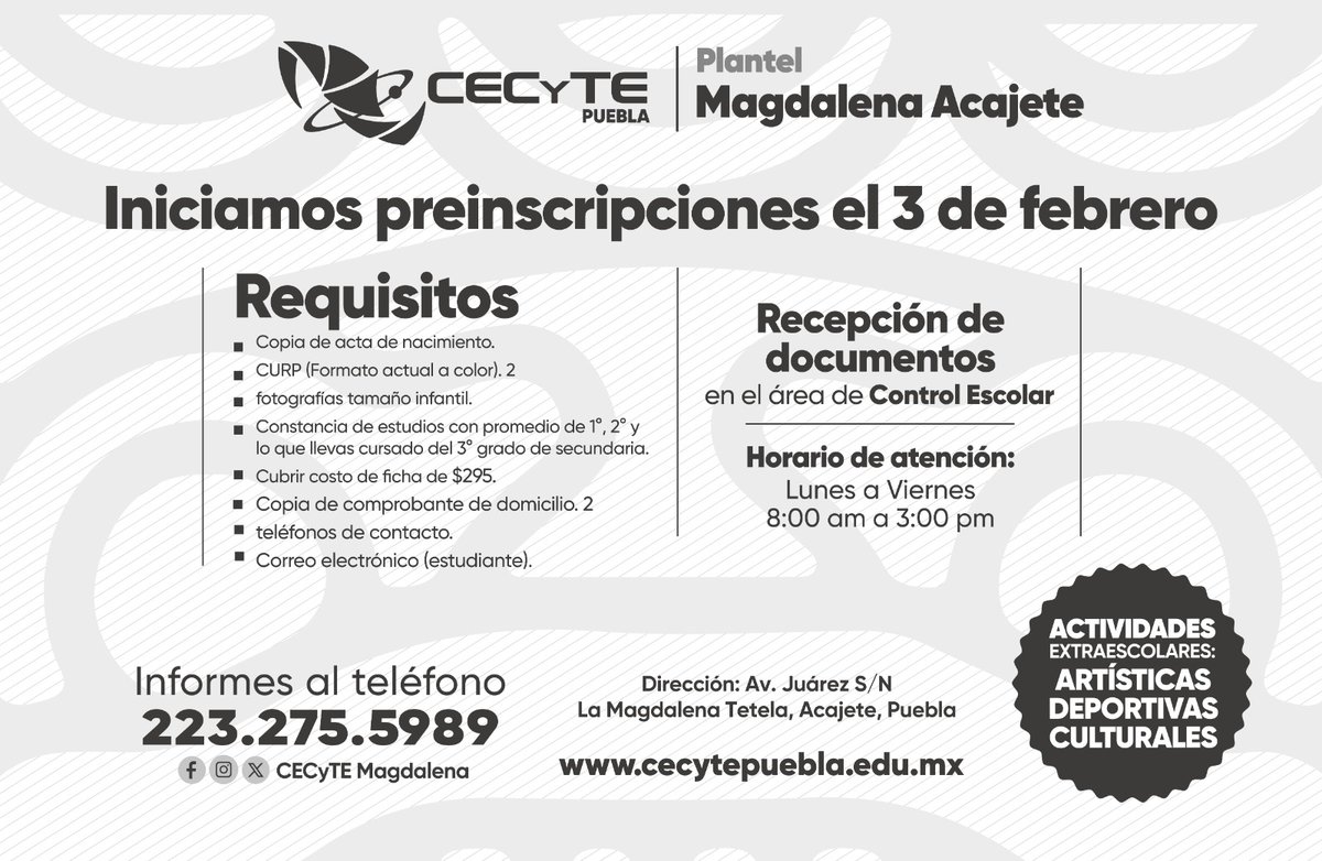 🎓 ¡ATENCIÓN ASPIRANTES! El día llegó, hoy 3 de febrero inician las PREINSCRIPCIONES para el ciclo escolar 2026-2027 en CECyTE Plantel Magdalena.
 ¡ESTE ES TU MOMENTO!

#PorAmorAPuebla #PensarEnGrande #CECyTEPuebla #HazloEnGrande #CECyTEMagdalenaAcajete