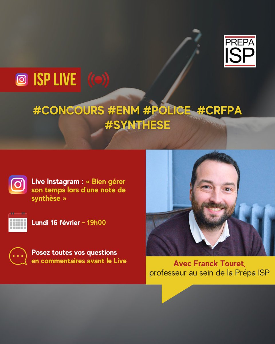 #INSTALIVE : « Bien gérer son temps lors d’une note de synthèse »

🗓️ Lundi 16 février 2026, 19h 

🗣️Par Franck Touret, professeur et responsable de formations au sein de la Prépa ISP

💬Posez toutes vos questions avant le Live

➖
#enm #crfpa #POLICE #droit #etudiantendroit