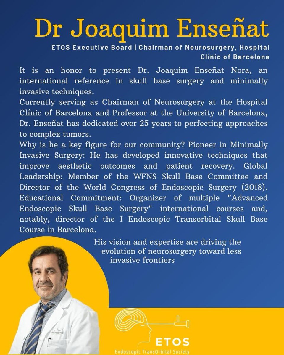 EtosSome's tweet photo. Meet the Expert: Dr. Joaquim Enseñat
We are proud to feature Dr. Joaquim Enseñat, President elect of ETOS and Chairman of Neurosurgery at the Hospital Clínic of Barcelona.

#ETOS #Neurosurgery #SkullBase #MedicalEducation #Neuroscience #Innovation #neurosurgicalAnatomy https://t.co/DQheCLYxwB