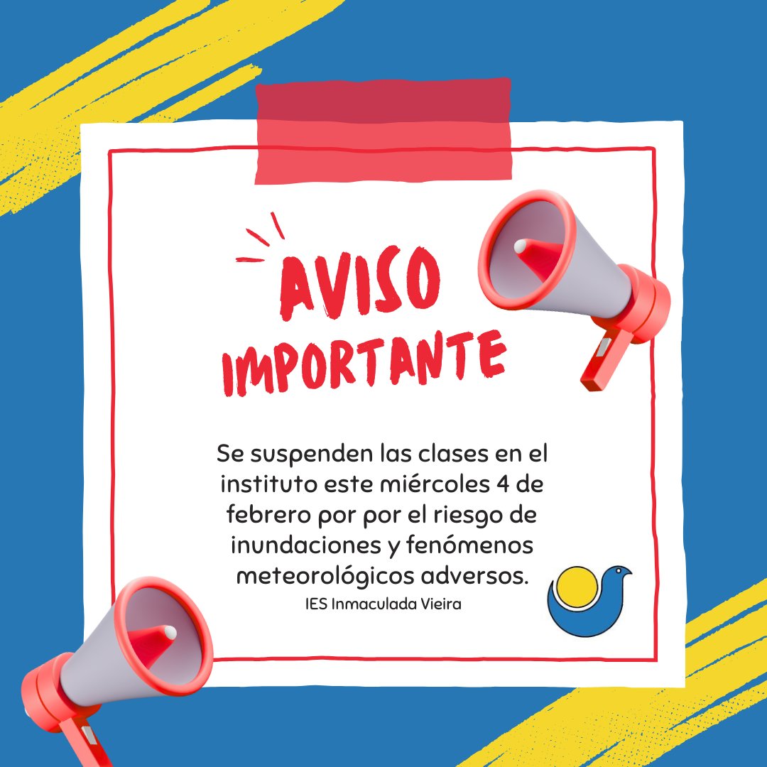 ¡IMPORTANTE! La Junta de Andalucía ha decretado el cierre de los institutos este miércoles por la alerta de lluvia y de vientos.