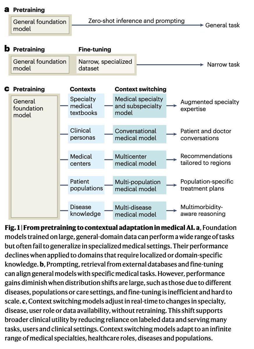 marinkazitnik's tweet photo. Scaling medical AI to infinitely many clinical contexts @NatureMedicine 

https://t.co/hGxWPEeYqN

Medical AI does not fail because it lacks scale. It fails because it lacks context @_michellemli 

Models often produce plausible outputs, but fail when the context shifts across specialties, populations, geographies, and care constraints

Early approaches to context switching, such as prompt engineering, fine-tuning, in-context learning, and re-training, produce great examples of success. But scaling medical AI requires a shift toward context switching at inference time

Context switching means models adjust how they reason based on what matters in the moment: which data are available, who the user is, where care is delivered, and what decisions are feasible

Many thanks to all collaborators @_michellemli, Ben Y. Reis, @AdamRodmanMD, Tianxi Cai, Noa Dagan, @RanBalicer, Joseph Loscalzo, @zakkohane

@harvardmed @HarvardDBMI @KempnerInst @harvard_data @broadinstitute @ClalitHealth @BrighamWomens @BostonChildrens @BIDMC_Medicine @HarvardChanSPH