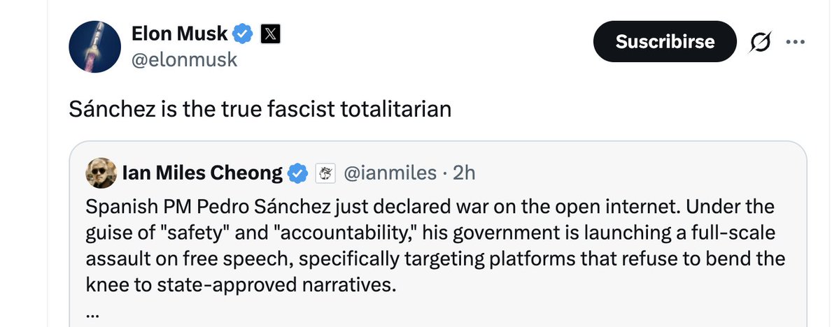 En Moncloa tienen que estar frotándose las manos con los ataques de Elon Musk. Que te llame fascista un conocido partidario de la extrema derecha europea es como un regalo.